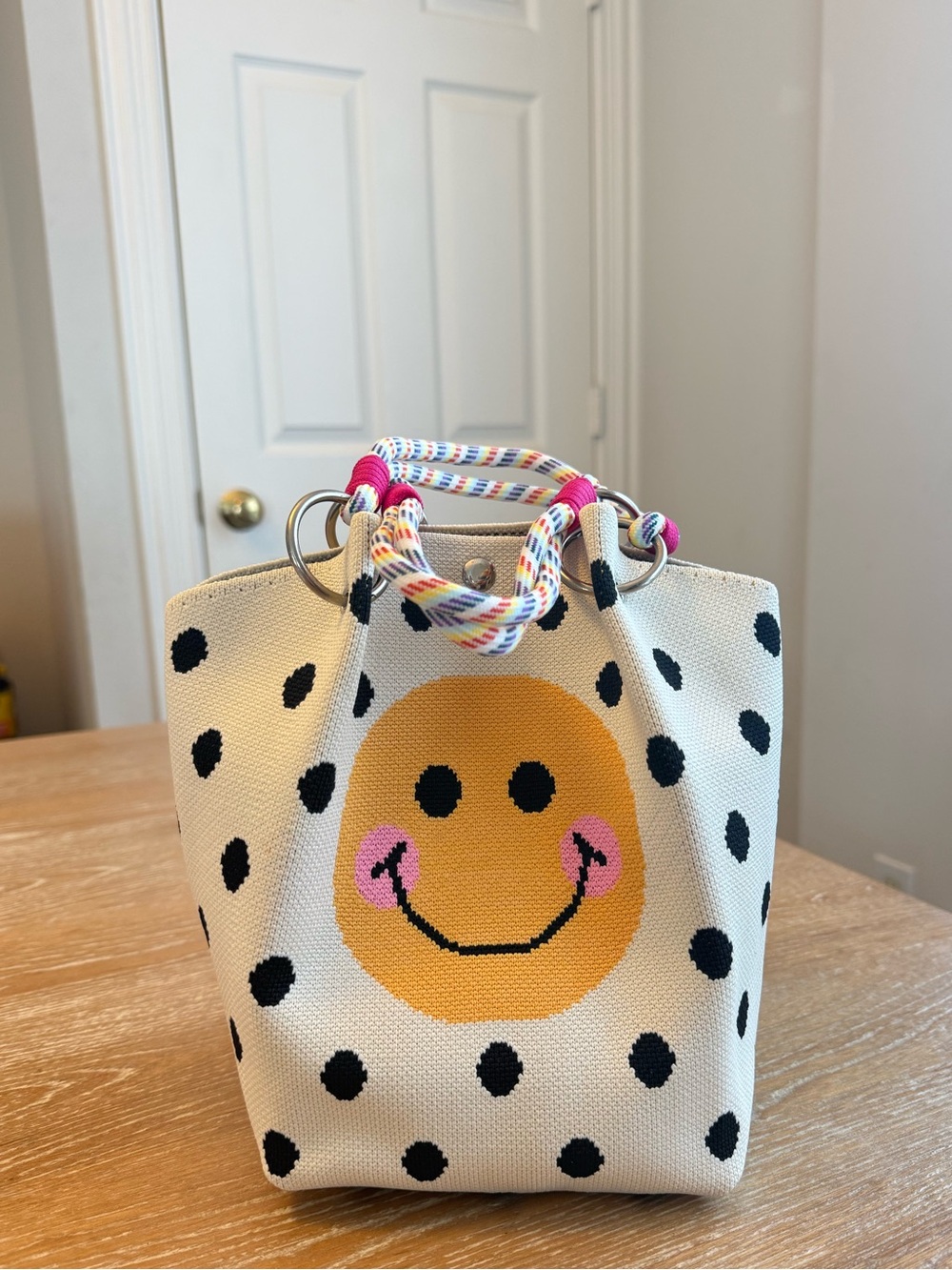 Smiley Polka Dot Canvas Tote / Bucket Bag - Ivory/Yellow